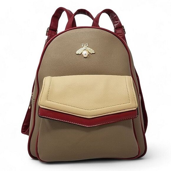 Queen Bee Taupe Red and Cream Large Pebbled Backpack Purse main image 4